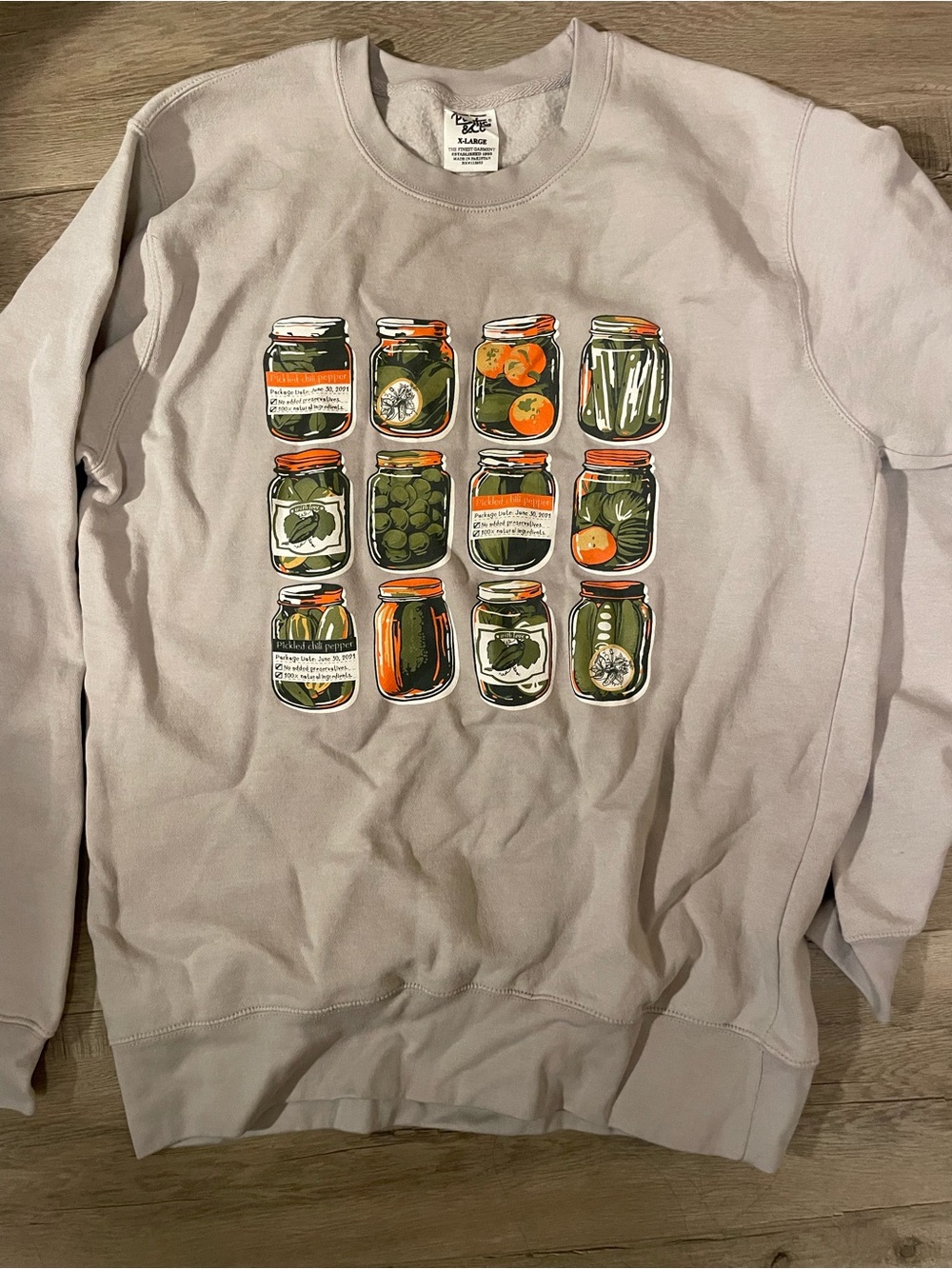 Pickle Jars Print Crewneck Sweatshirt - Beige with Green & Orange Pacific Co